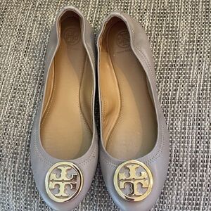 Tory Burch Taupe Ballet Flats with Gold Logo